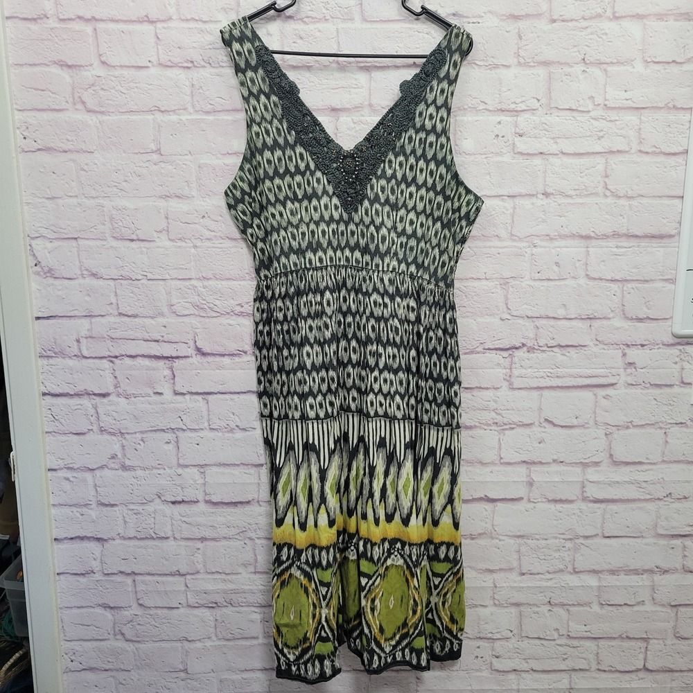 Lola P Boho Ikat Midi Dress XL Cotton Beaded Crochet Folk Cottage Lounge *Faded